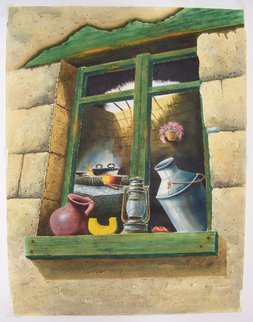 Blick durch Fenster zum Herd